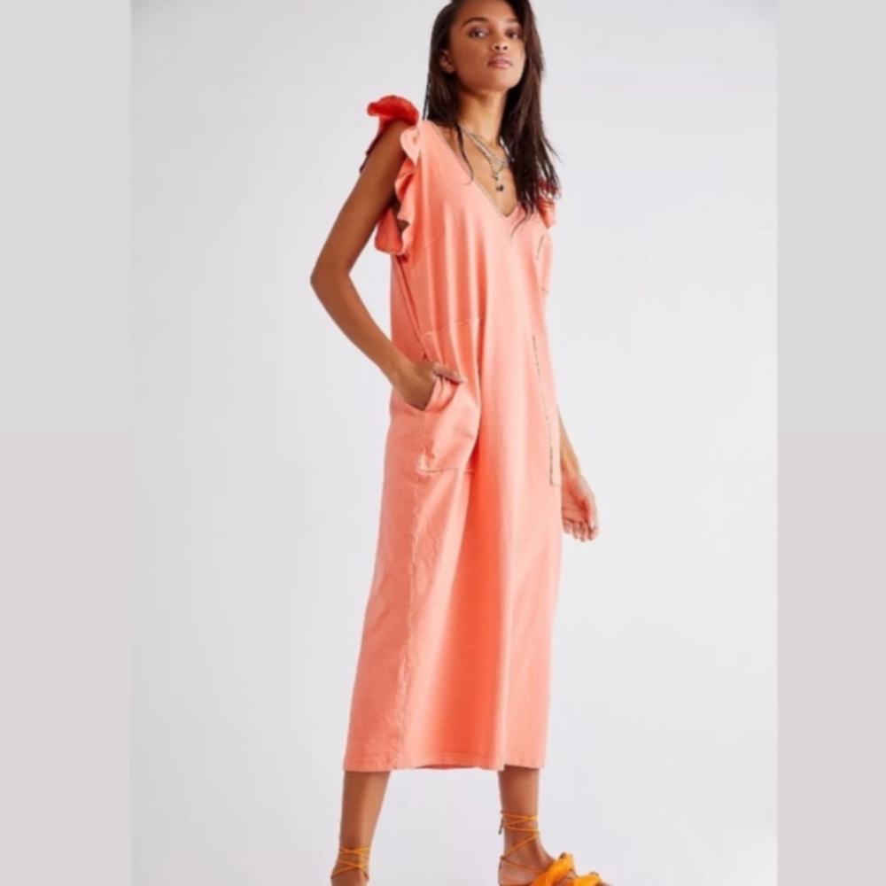 Free People Beach Once Upon a Sea Midi Dress in Coral Orange EUC L